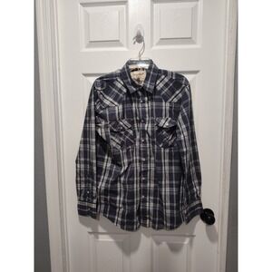 Coastal Size Large Button Down Pearl Snap Shirt‎ Long Sleeve Blue Plaid